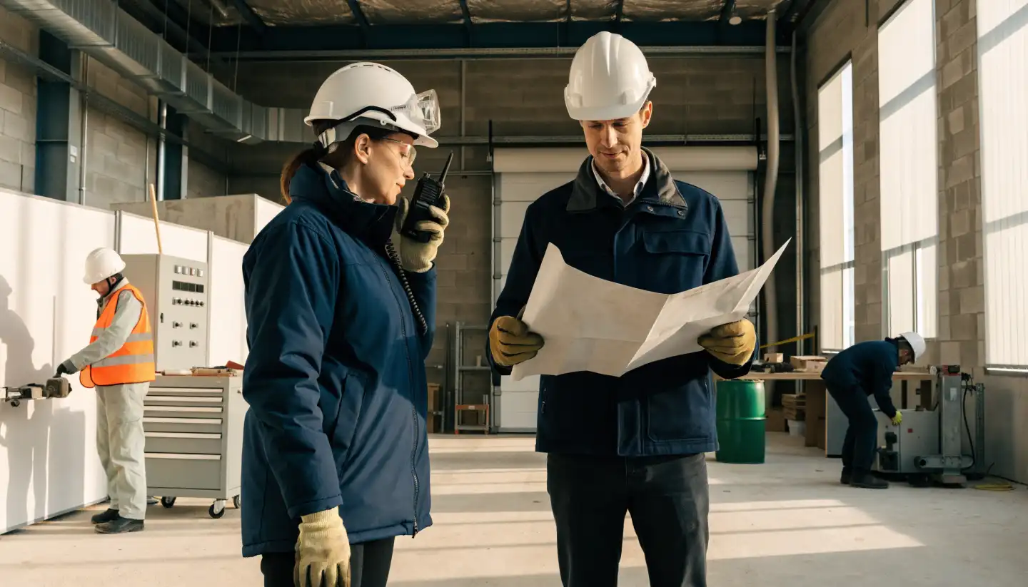 Een HSE-adviseur stemt via de portofoon werkzaamheden af terwijl een collega de bouwtekening controleert.