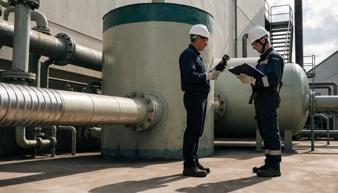 Een HSE-professional en operator voeren een veiligheidsmeting uit op een industriële installatie.