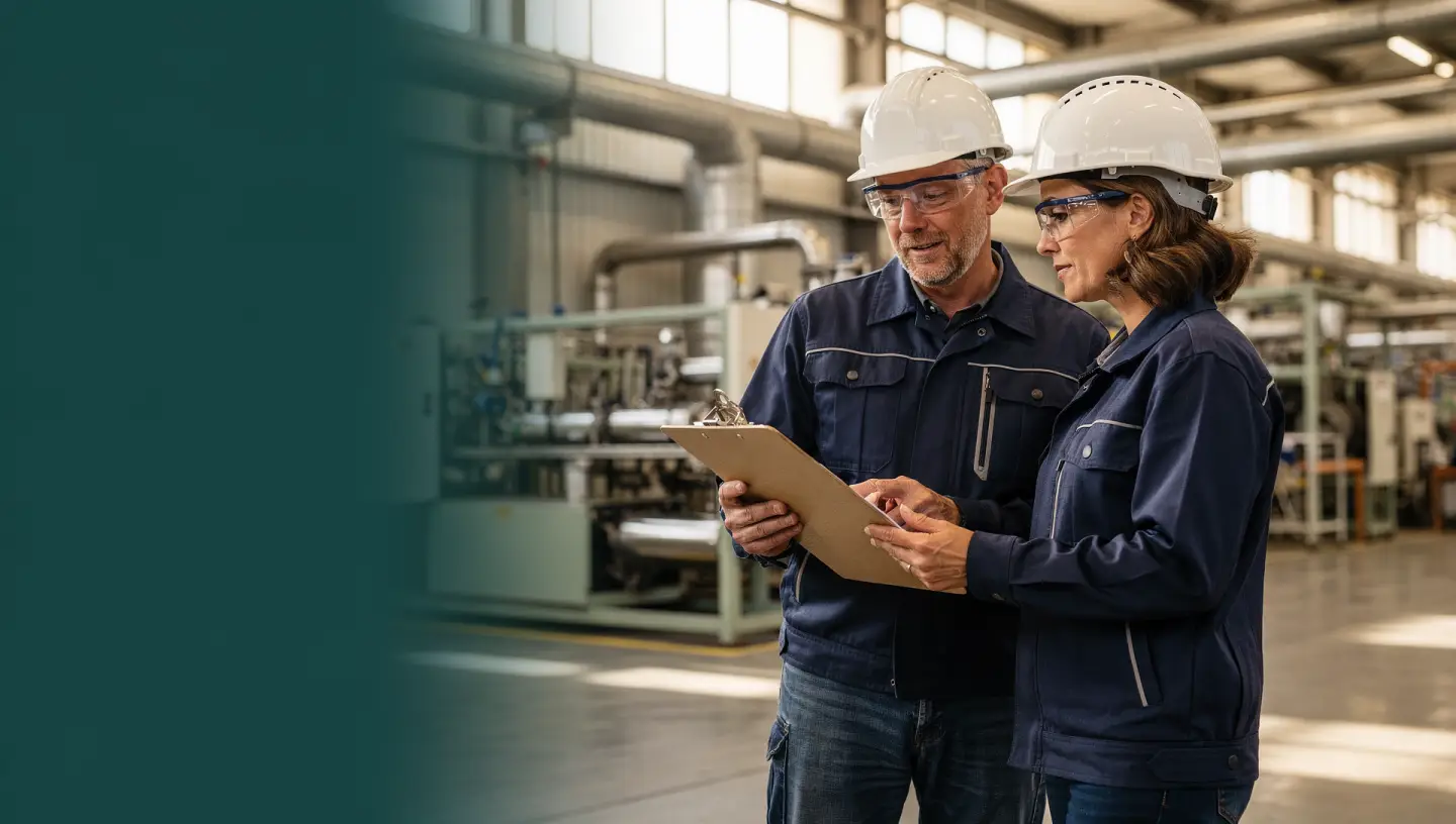 Een opdrachtgever en HSE-professional bespreken samen een inspectieformulier op een industriële werkvloer.
