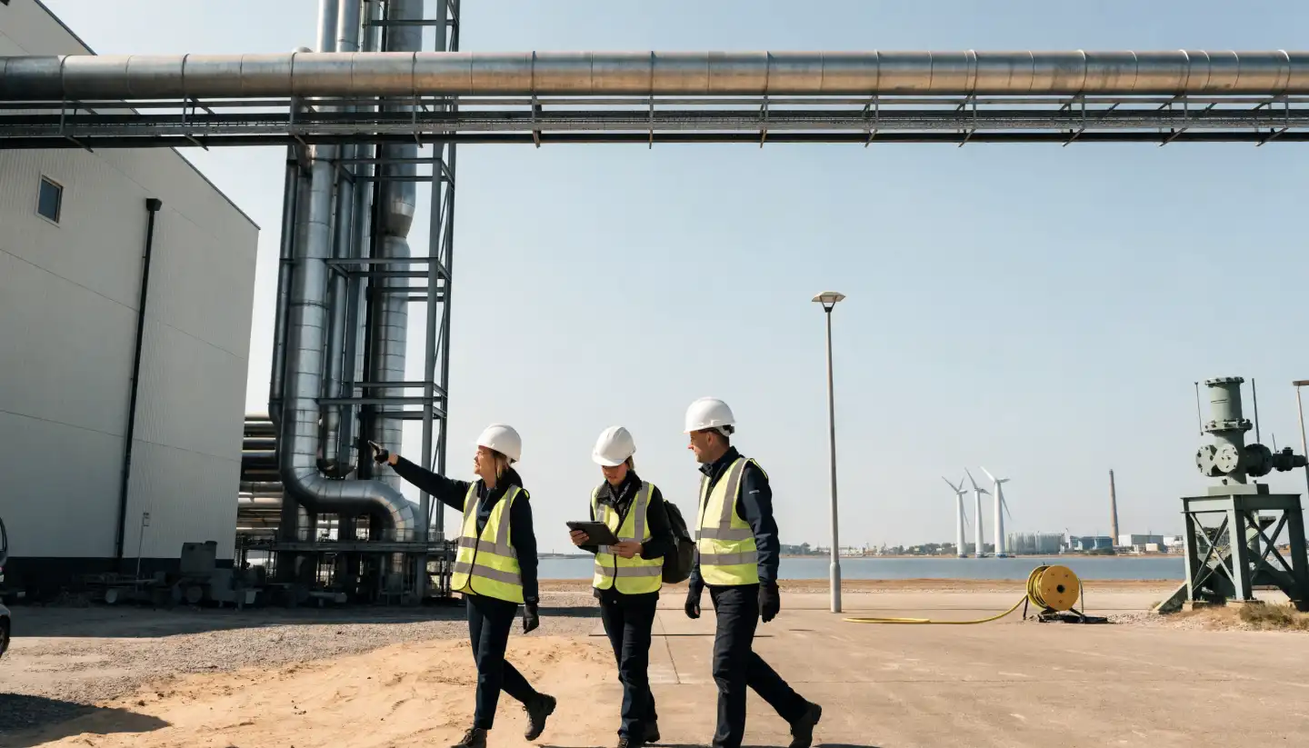Drie HSE-professionals lopen samen een inspectieronde op een industriële locatie.