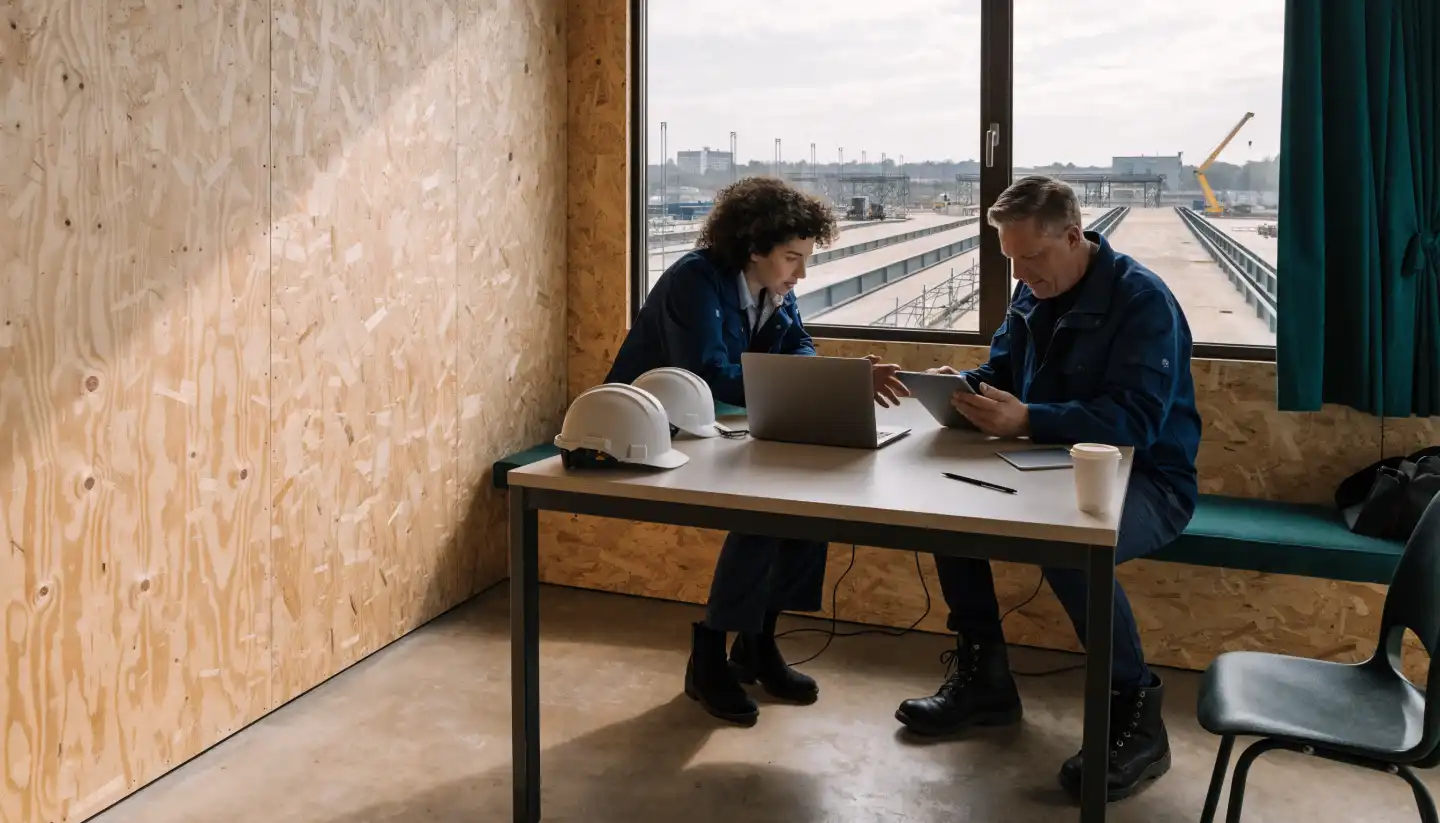 Twee HSE-professionals bereiden zich digitaal voor op hun werk op een industriële locatie.