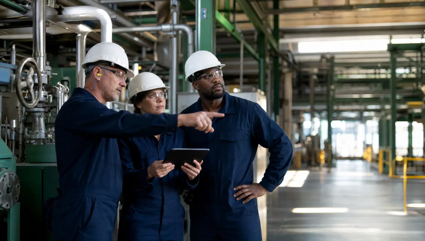 Een HSE-professional bespreekt tijdens een inspectieronde een installatie met twee collega’s.