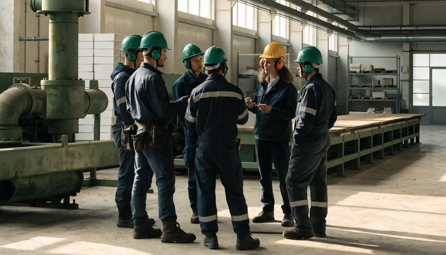 Een HSE-supervisor bespreekt veiligheidsvragen tijdens een toolboxmeeting op de werkvloer.