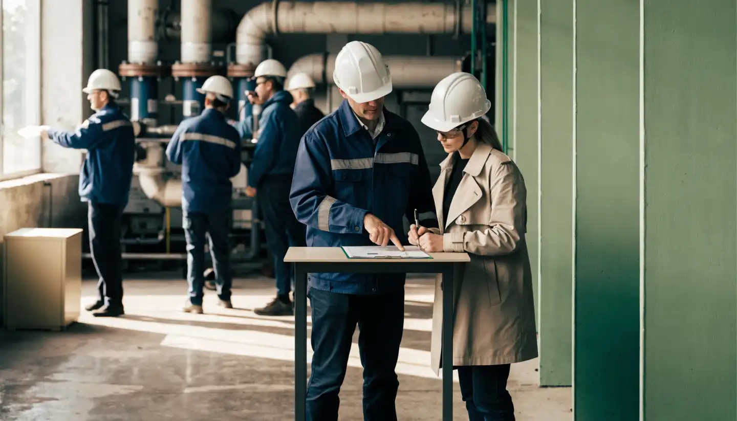Twee professionals leggen hun afspraken zorgvuldig vast op een industriële werkvloer.