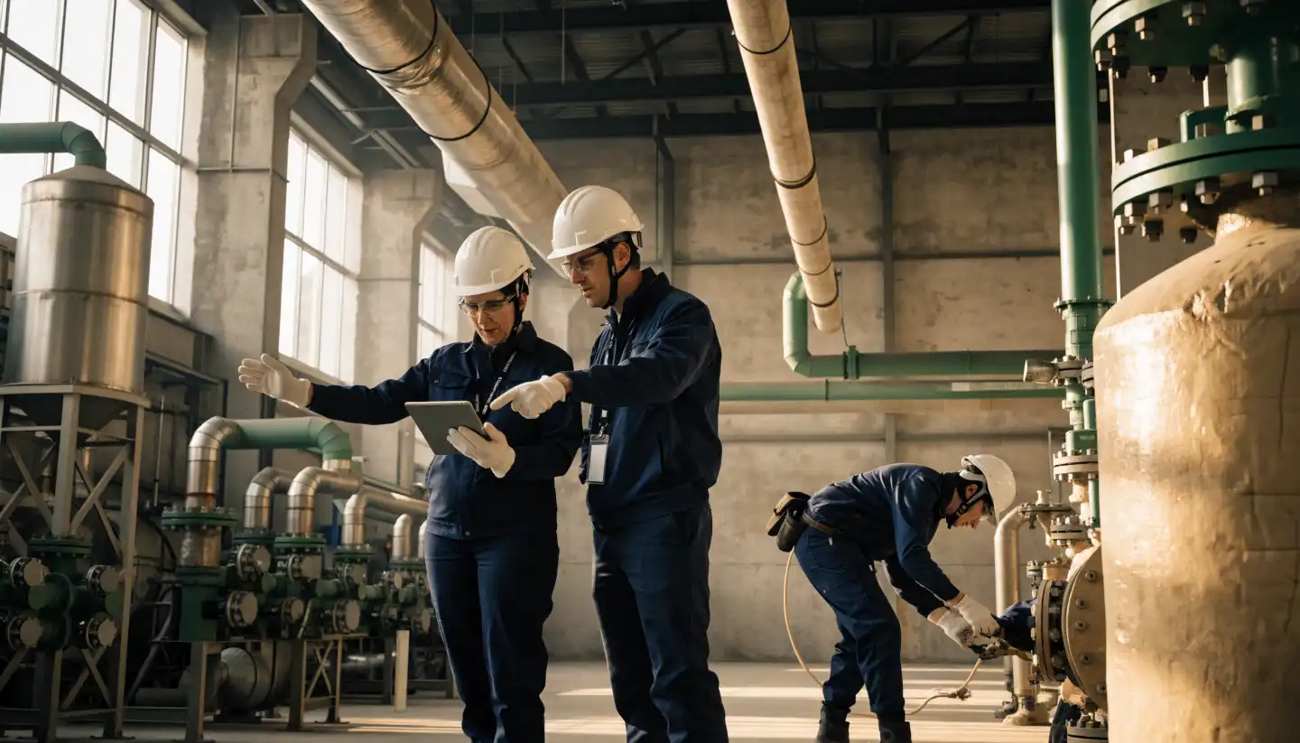 Twee HSE-professionals beoordelen werkzaamheden op een tablet terwijl een collega de installatie inspecteert.